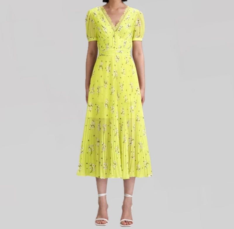 self-portrait Lime Floral Chiffon Dress