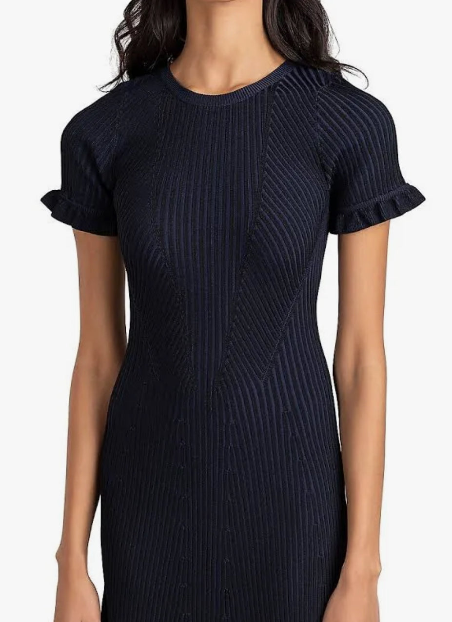 Shoshanna Kate Rib-Knit Ruffle Minidress - Navy