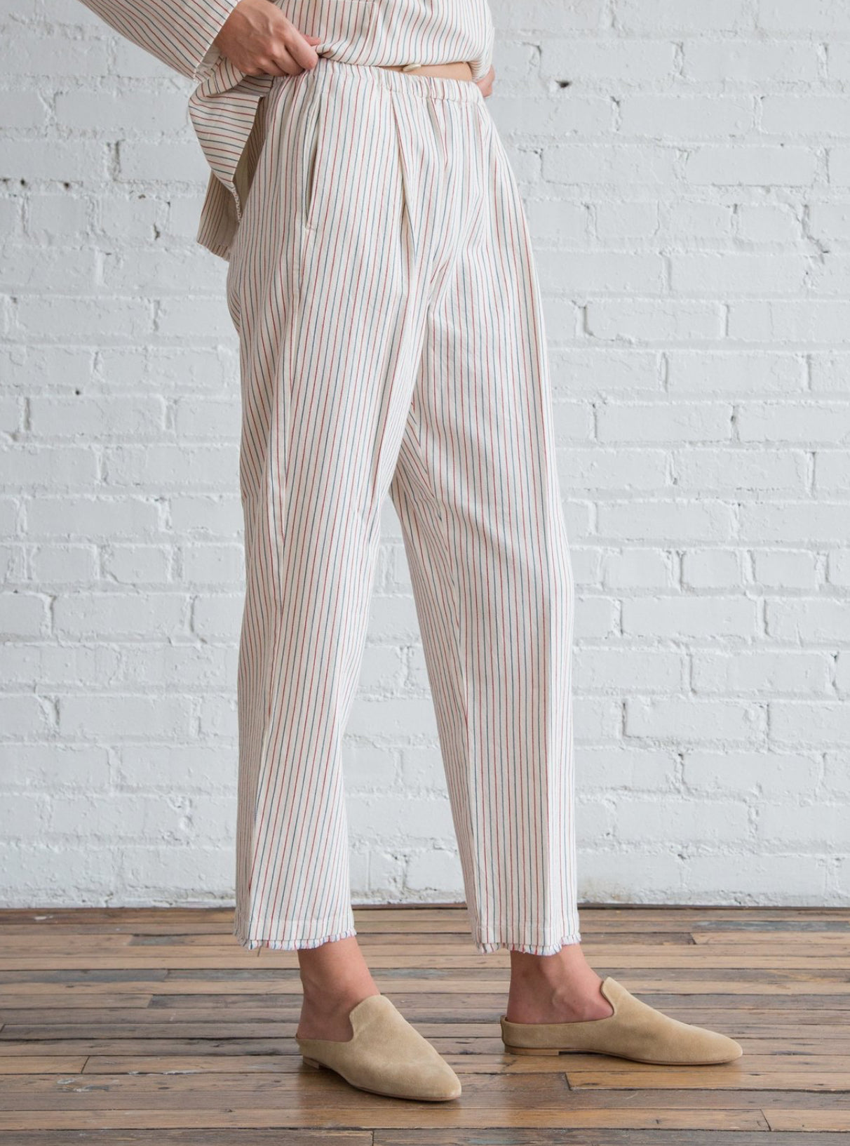 Raquel Allegra Cotton Tickling Stripe High Waist Slim Pant