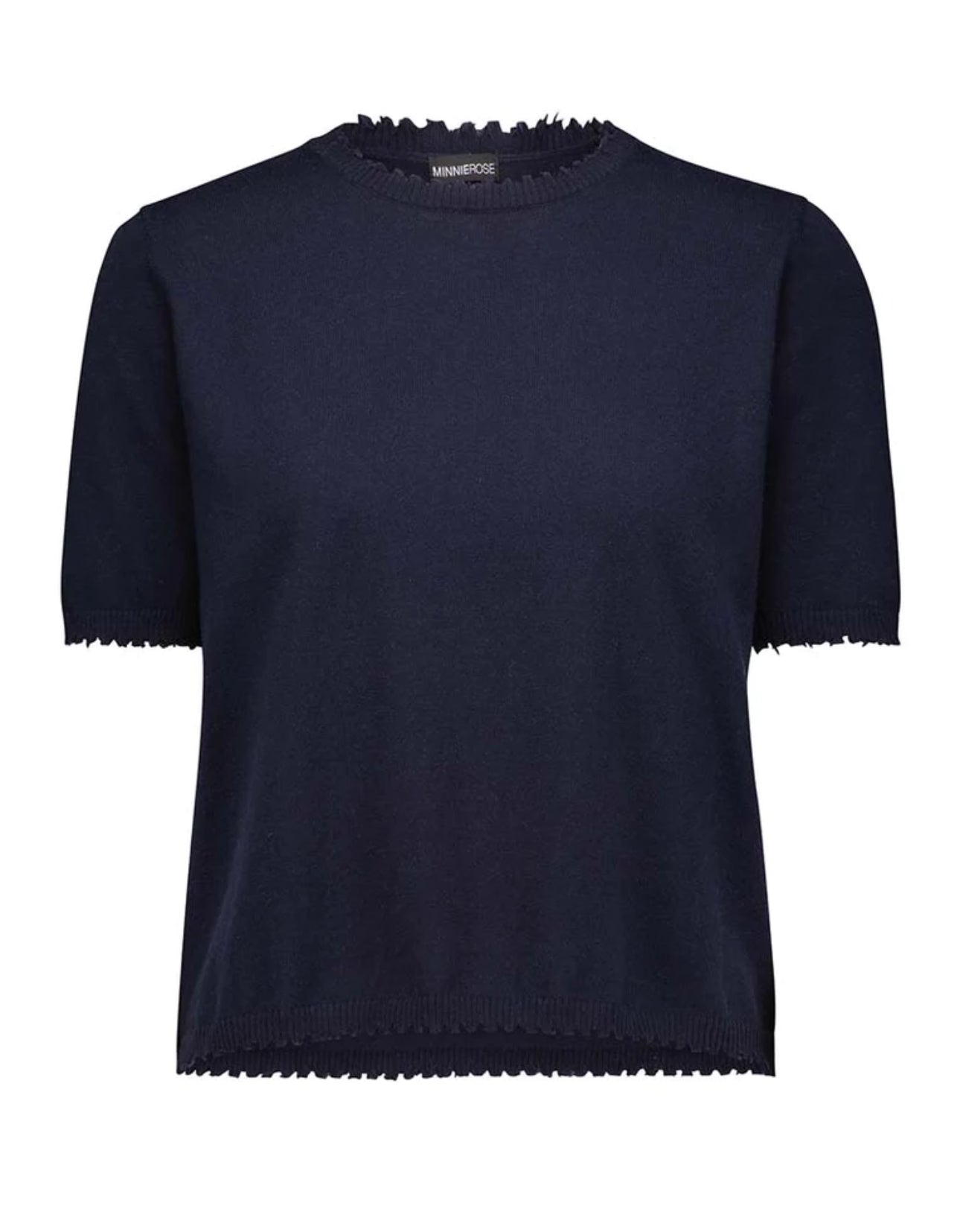 Minnie Rose Cotton Cashmere Boxy Frayed Tee - Navy