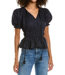 Moon River Shirred Ruffle Top - Navy