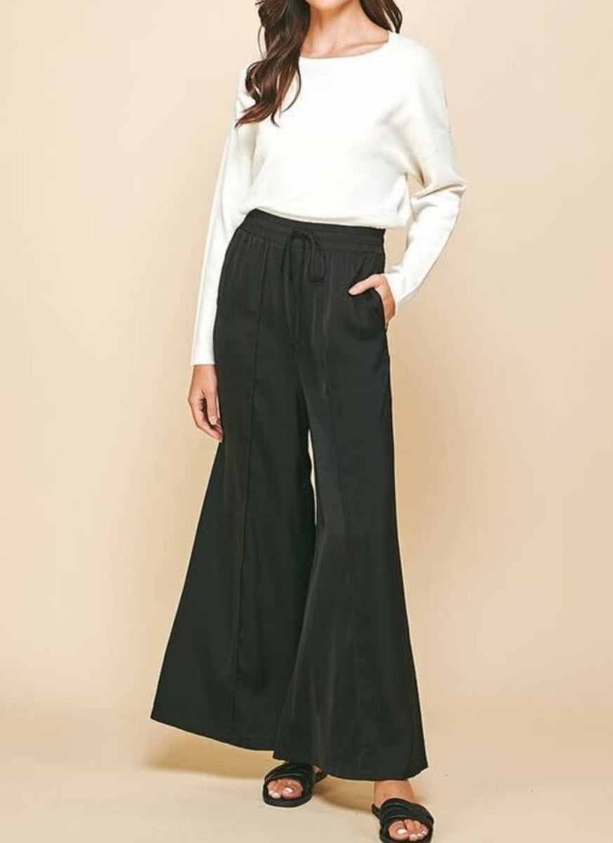 Pinch Satin Wide Leg Pants - Black