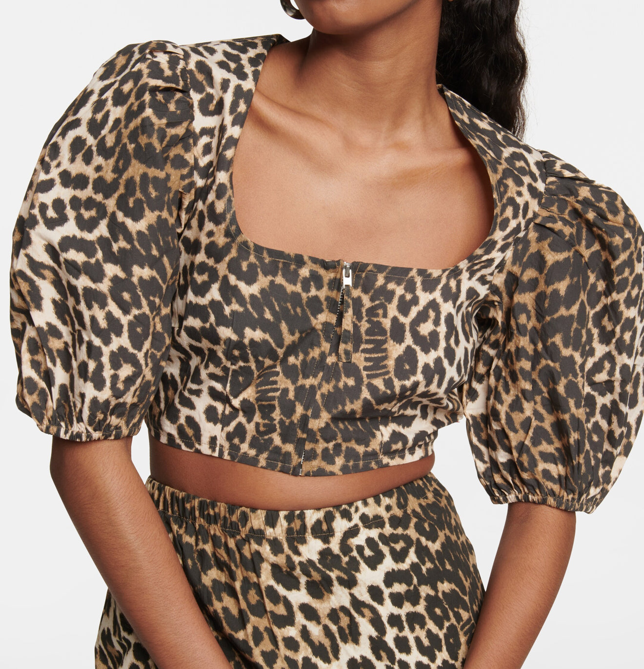 GANNI Printed Cotton Zipper Blouse - Big Leopard Almond Milk