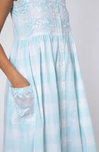 Juliet Dunn Blue Gingham Tie Shoulder Dress with Embroidery