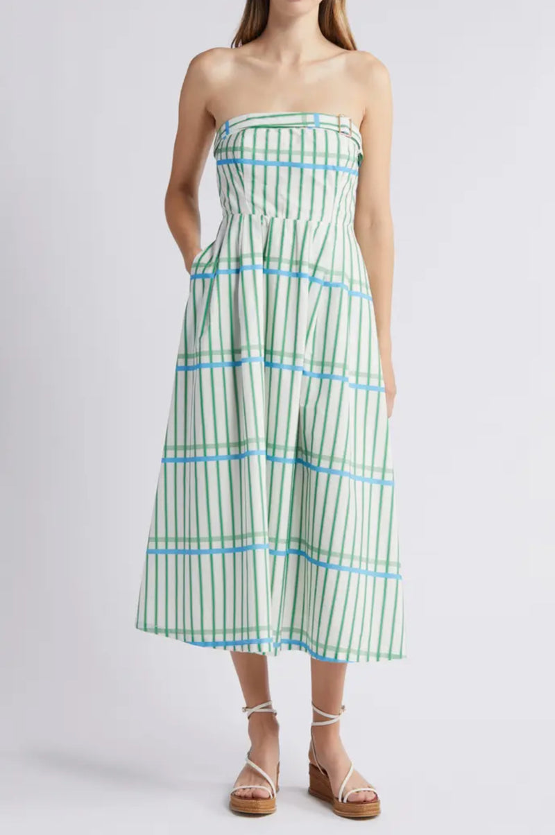 Du Paradis Marseille Stripe Strapless Fit & Flare Sundress - Ocean Green Stripe