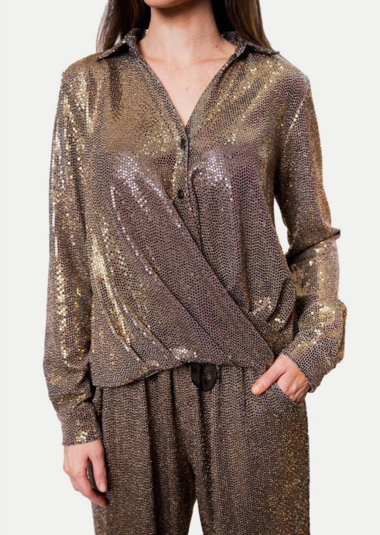 Chloé Kristyn Metallic Gold Dominique Button Down Wrap Top