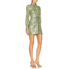 Jonathan Simkhai Halen Moire Fil Coupe Draped Mock Neck Dress - Hunter Green Metallic