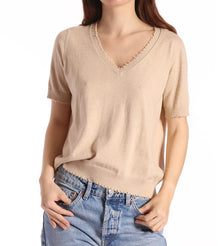 Minnie Rose Cotton Cashmere Frayed V Neck Tee - Brown Sugar