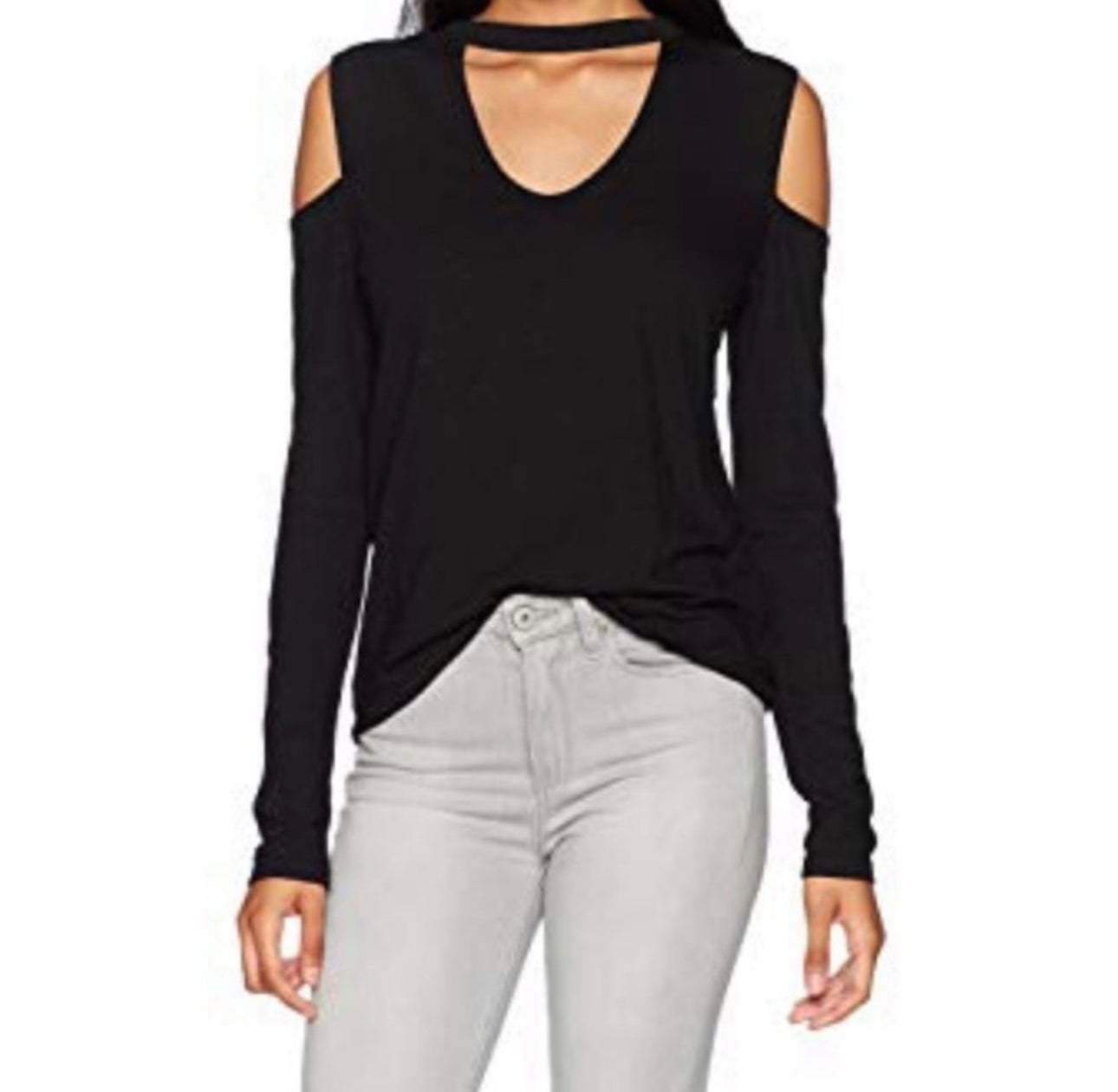 Pam & Gela Long Sleeve Cold Shoulder Top with Choker - Black