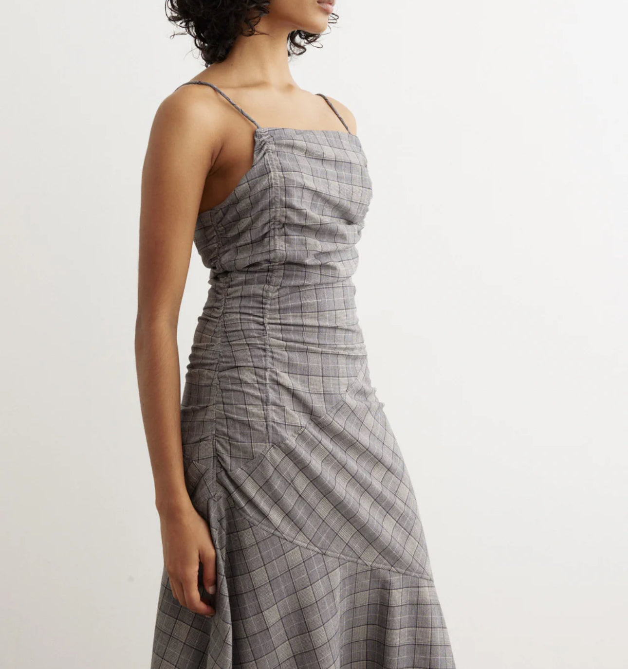 GANNI Check Mix Ruched Long Slip Dress - Frost Grey