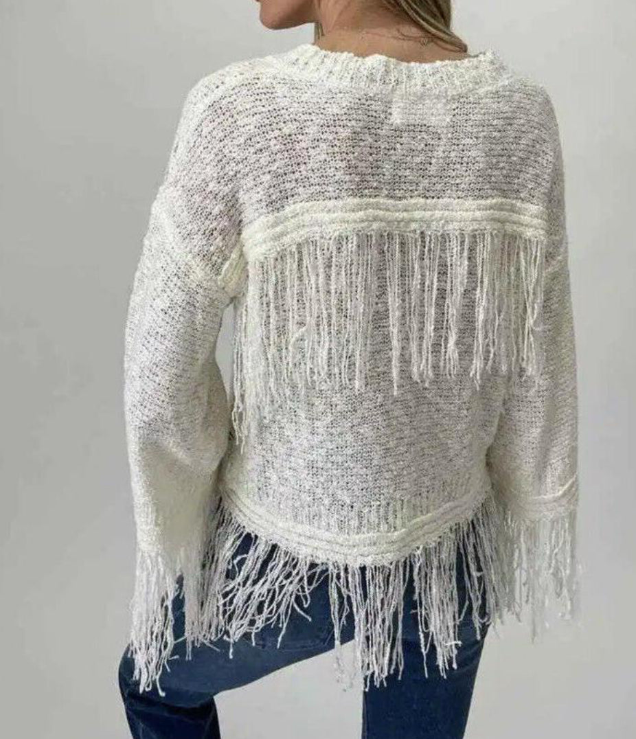 Six/Fifty Crochet Fringe Sweater - Ivory