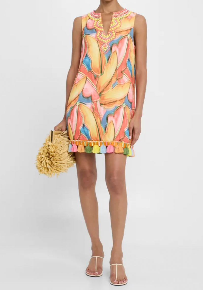 Badgley Mischka Collection Beaded Tassel-Trim Dress - Coral Multi