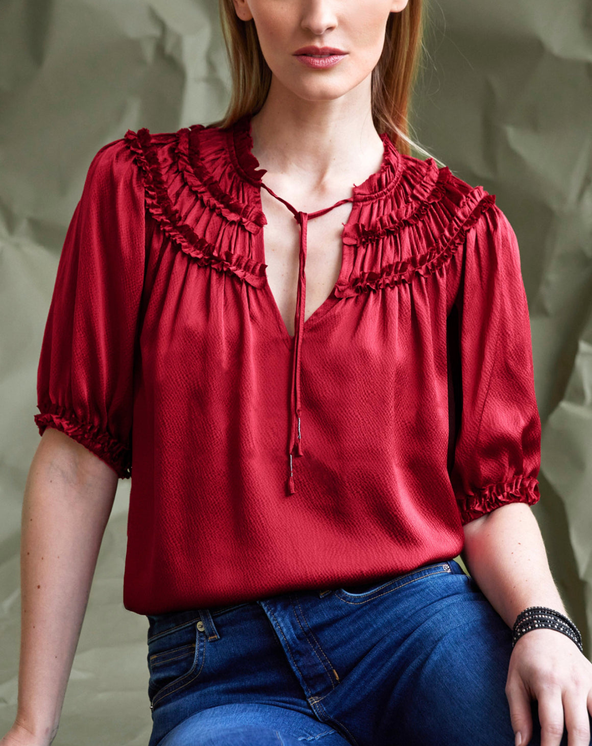 go BY GOSILK Frilled Top Bits Top - Sangria