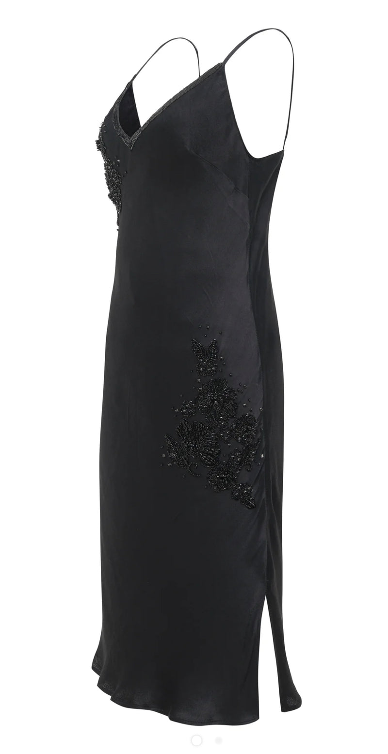 Gold Hawk Embellished Bias Slip Dress - Black