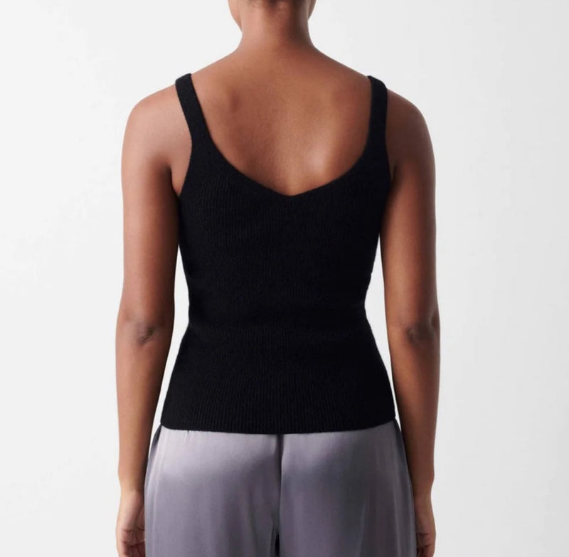 White + Warren Ribbed V Neck Cashmere Tank - Black