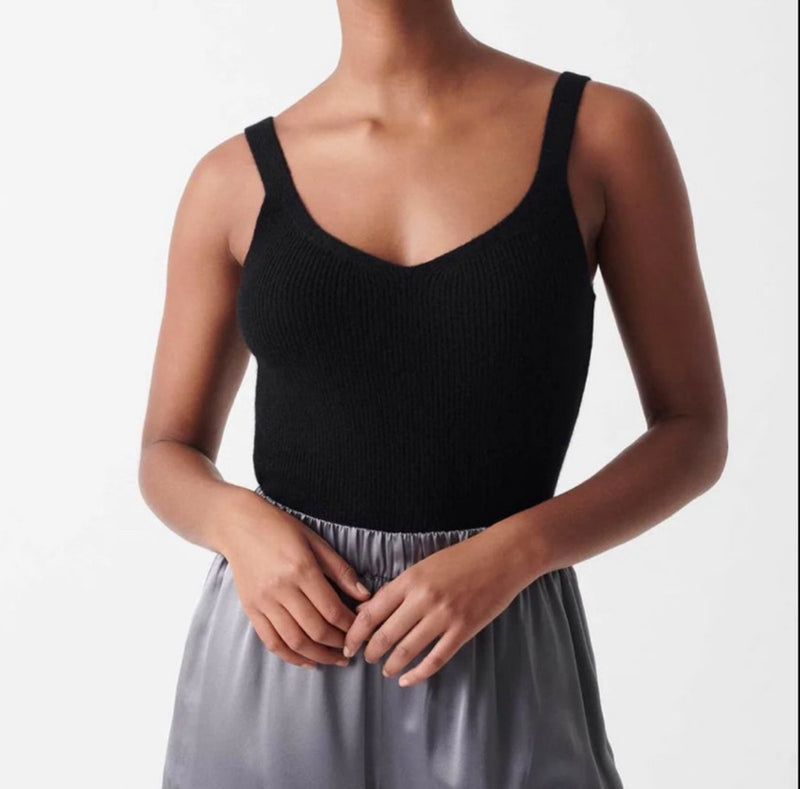 White + Warren Ribbed V Neck Cashmere Tank - Black
