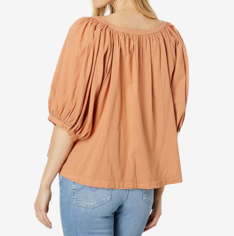 Sundry Puff Sleeve Woven Button Front Blouse - Clay