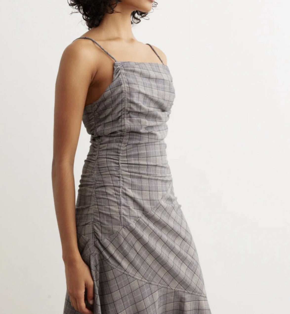 GANNI Check Mix Ruched Long Slip Dress - Frost Grey