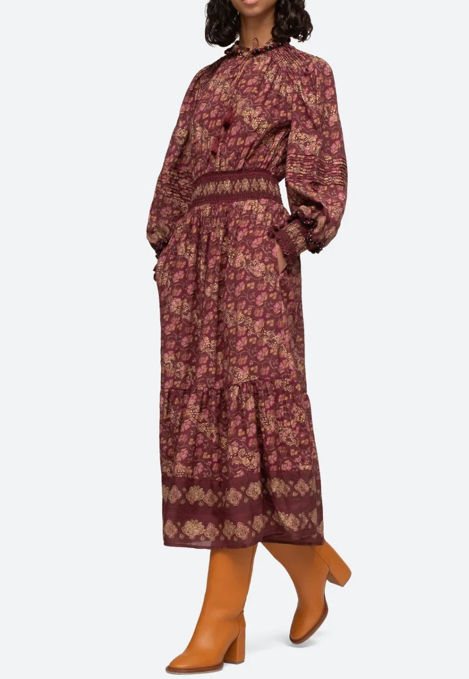 Sea New York Giulia Print Long Sleeve Maxi Dress - Maroon