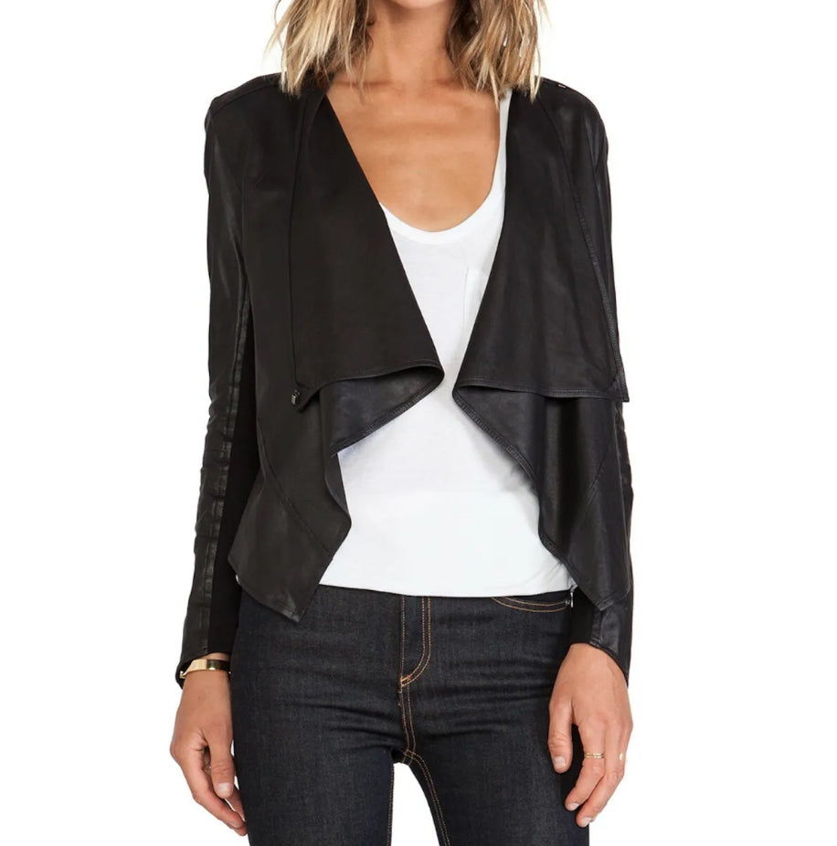 Lamarque Madison Cowl-Neck Leather Jacket - Black