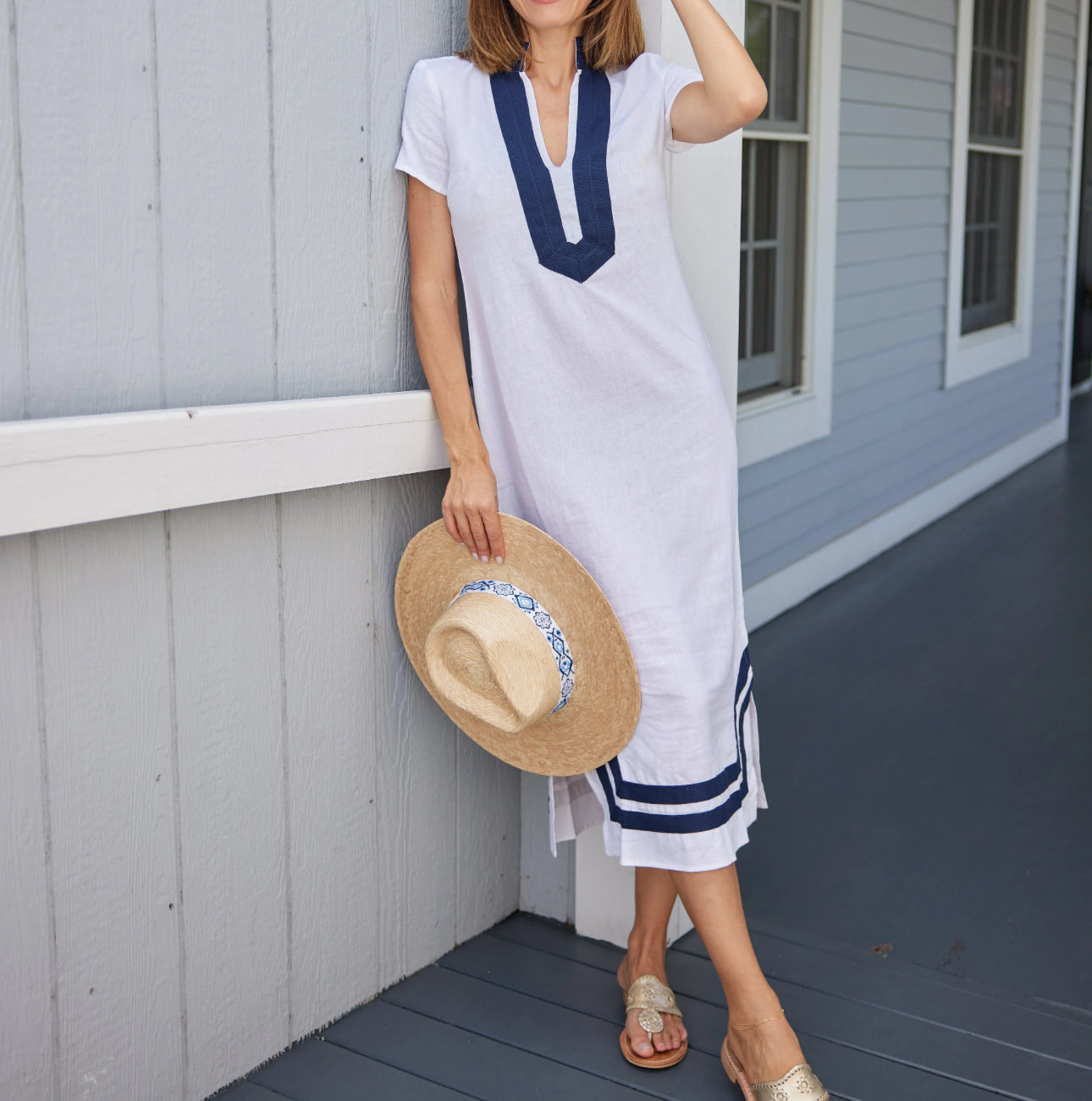 Sail To Sable Short Sleeve Classic Maxi Tunic - White/Navy