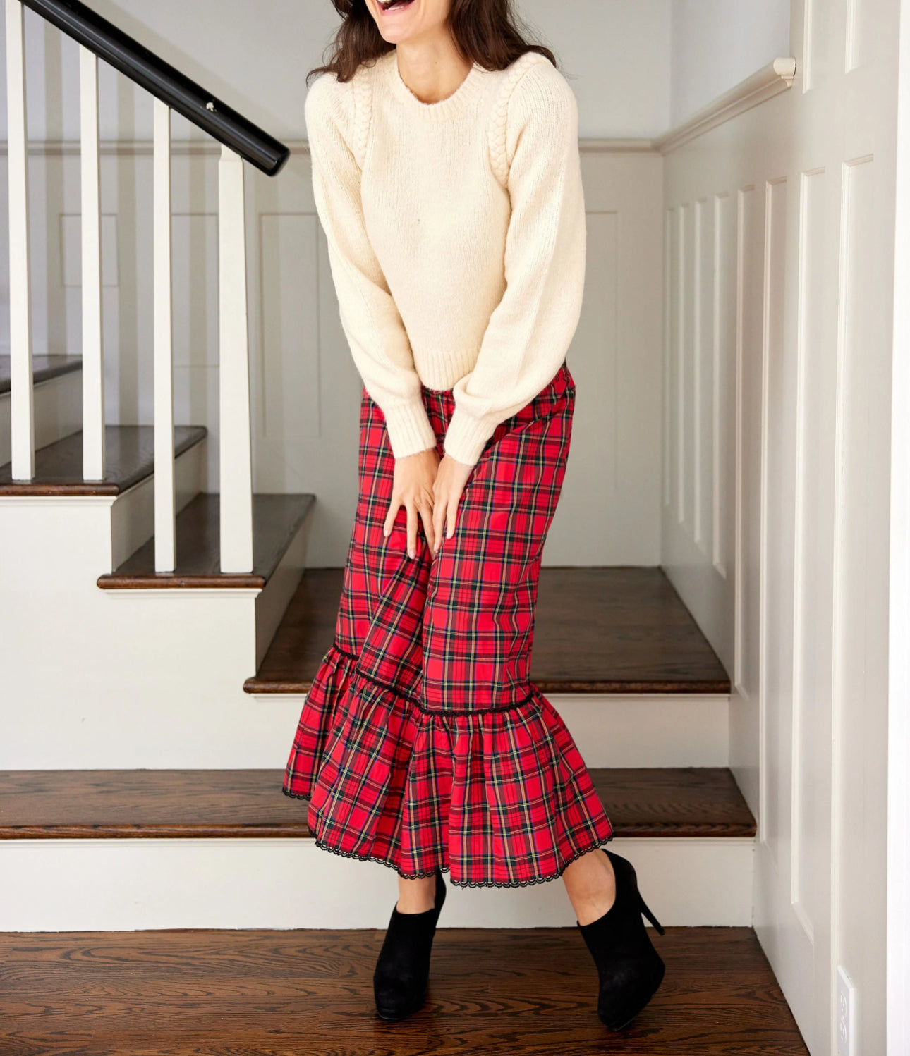 Sail To Sable Red Tartan Smocked Waist Midi Skirt