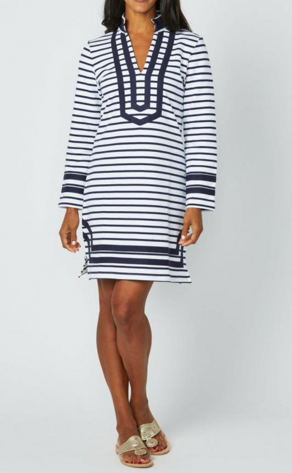 Sail To Sable French Terry Long Sleeve Tunic Dress - Navy/White