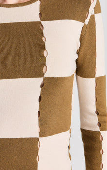 Moon River Checkerboard Sweater Top - Olive