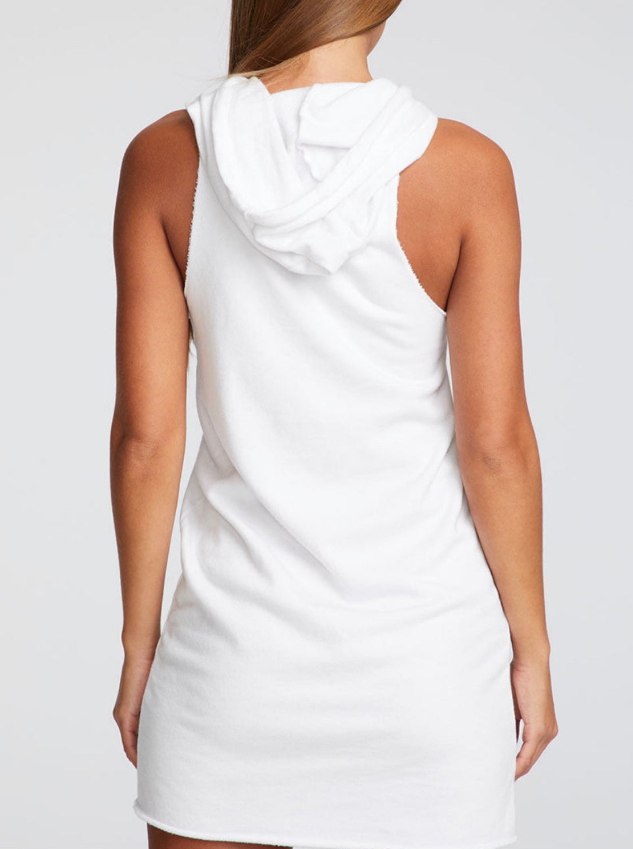 Chaser Cotton Fleece Hi Low Sleeveless Hoodie Dress in White