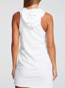 Chaser Cotton Fleece Hi Low Sleeveless Hoodie Dress in White