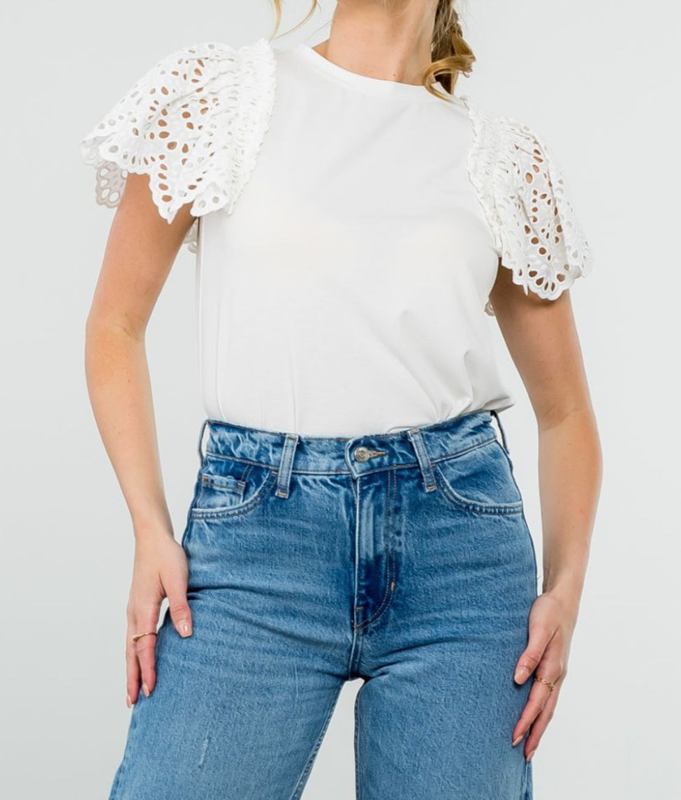 THML Flutter Eyelet Sleeve Top - White