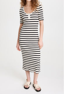 GANNI Striped Rib Knit Midi Dress - Black/White