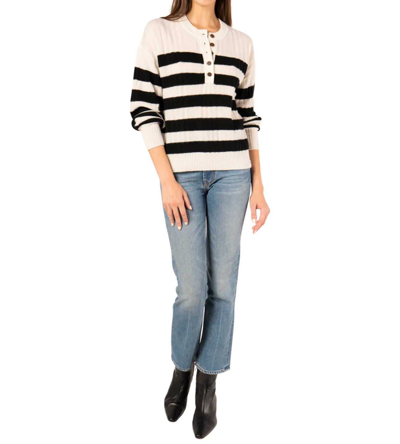 Naadam Lightweight Cashmere Striped Ribbed Henley - Black/White