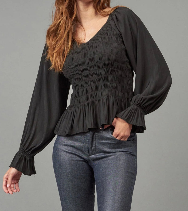 Lola & Sophie Smocked V Neck Top - Black