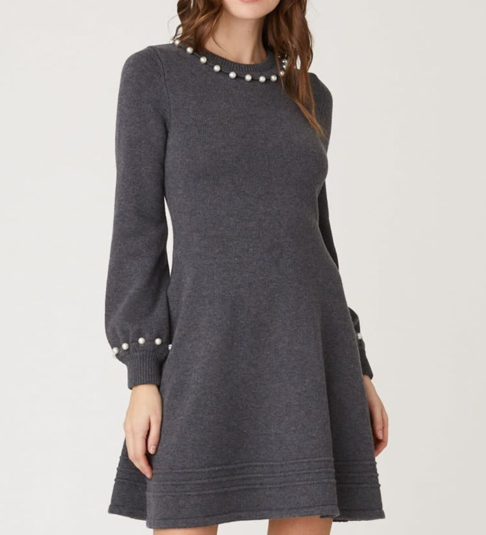 Shoshanna Charity Faux Pearl-Trim Mini Sweater Dress  - Heather