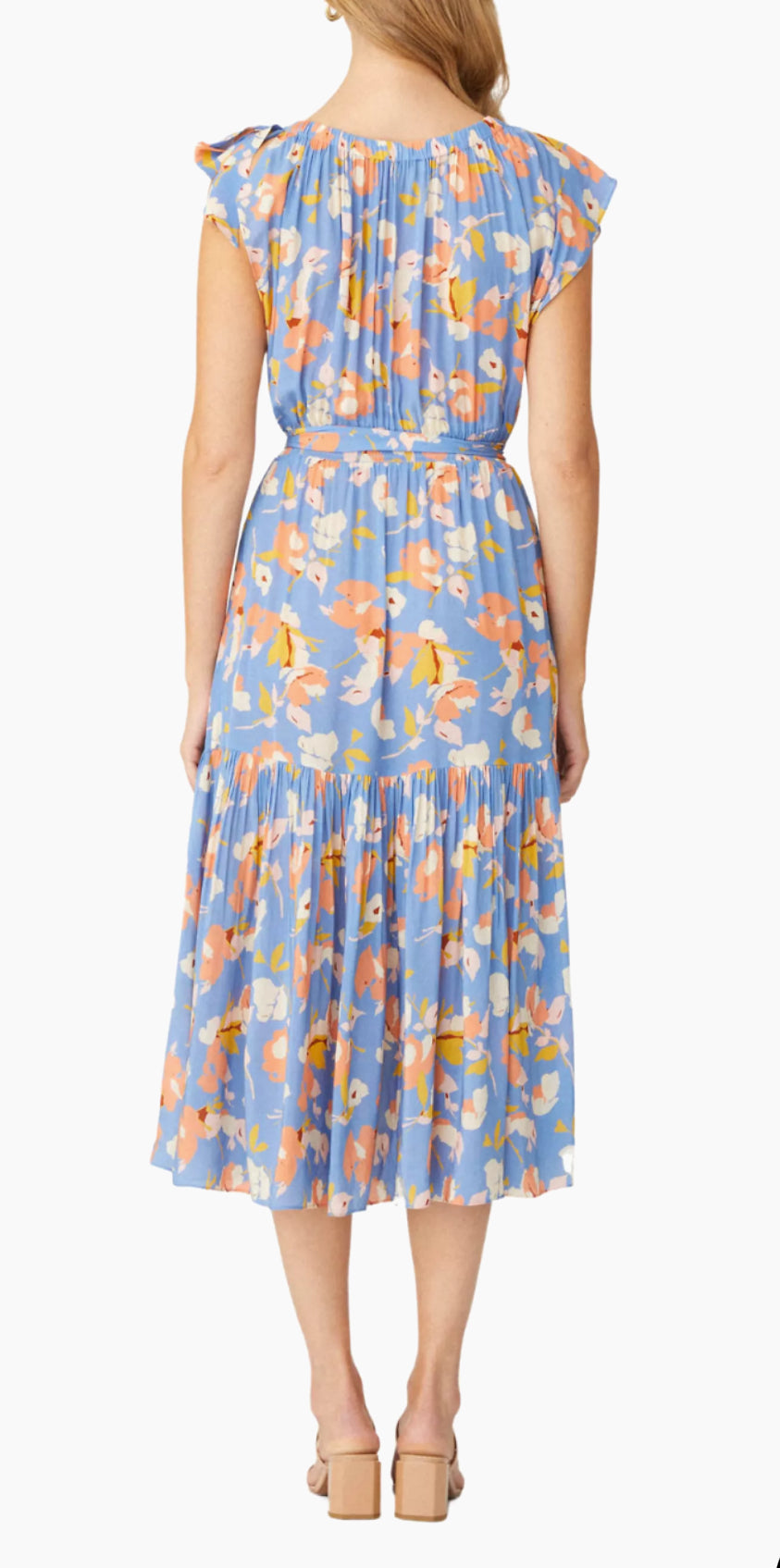 Shoshanna Peony Floral Tiered Midi Dress - Slate Blue Multi