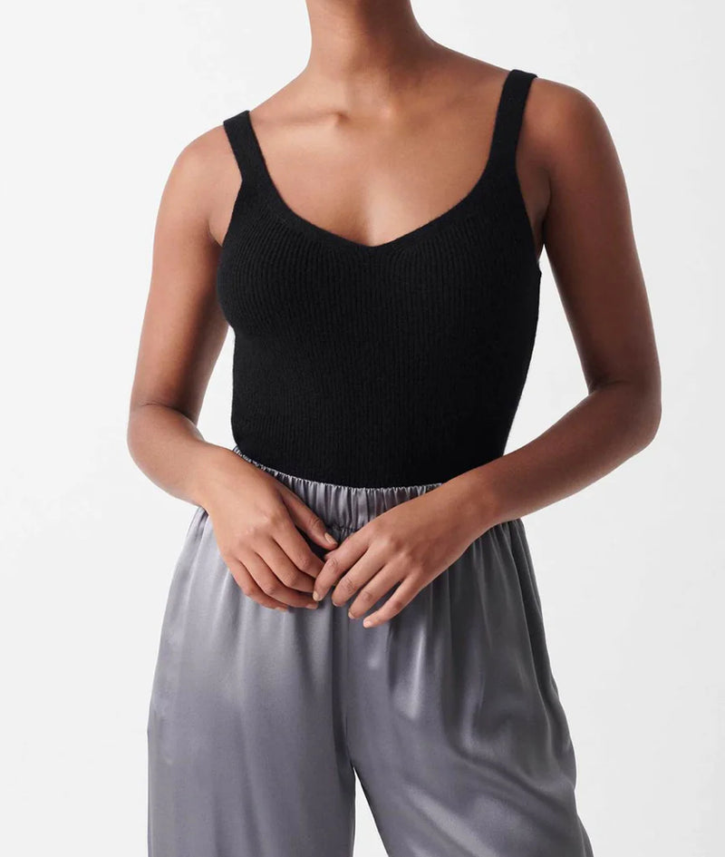 White + Warren Ribbed V Neck Cashmere Tank - Black