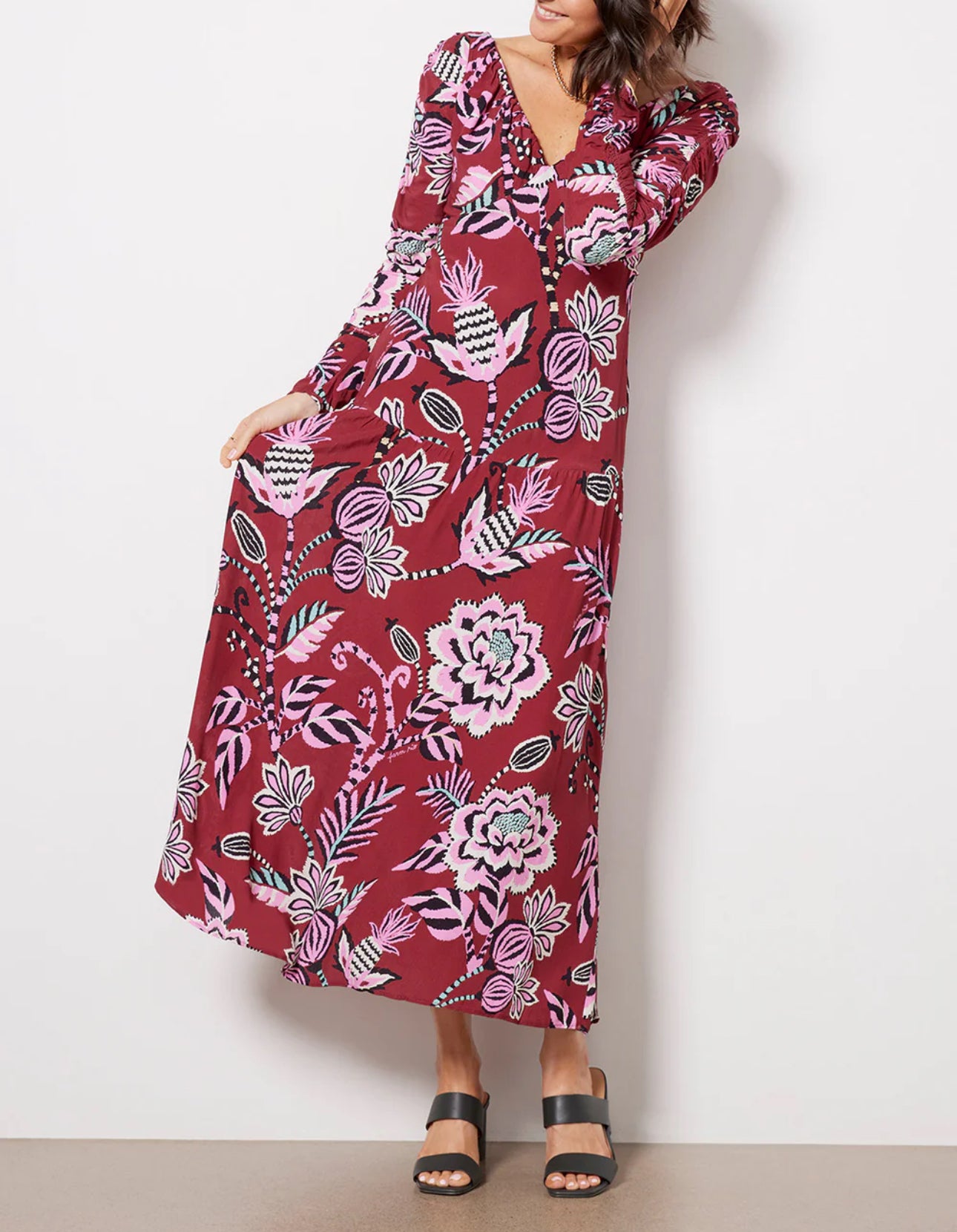 Farm Rio Pineapple Inspiration V Neck Maxi Dress - Burgundy