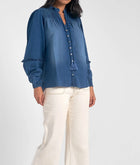 Elan Ruched Denim Tassel Top