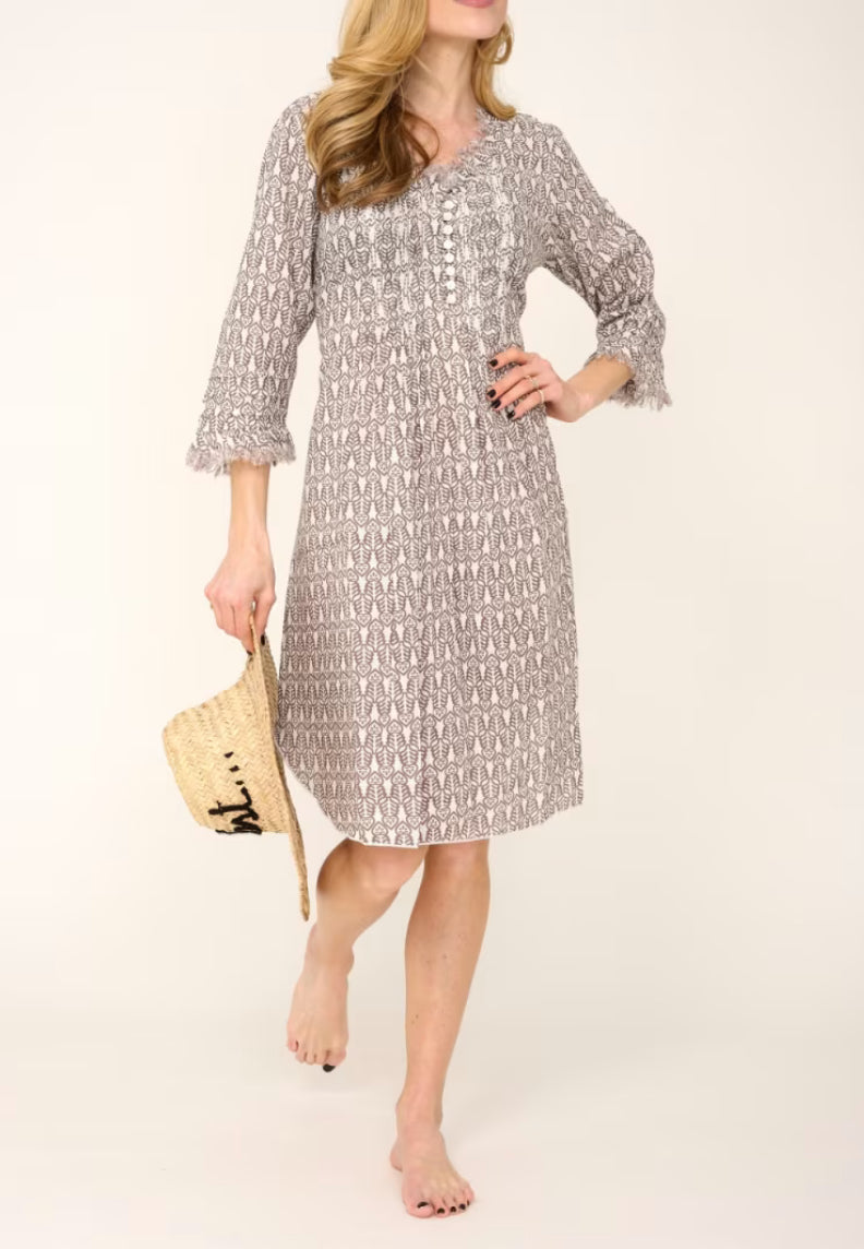 At Last... Annabel Cotton Kaftan/Tunic - Fresh Taupe & White