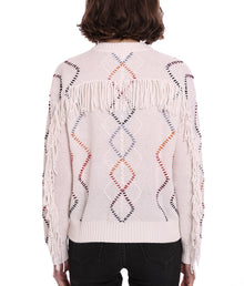 Minnie Rose Cable Corded Fringe Pullover - White Combo