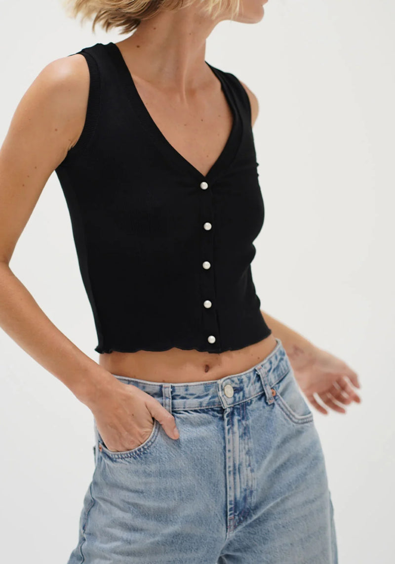 LNA Helena Button Up Ribbed Tank - Black