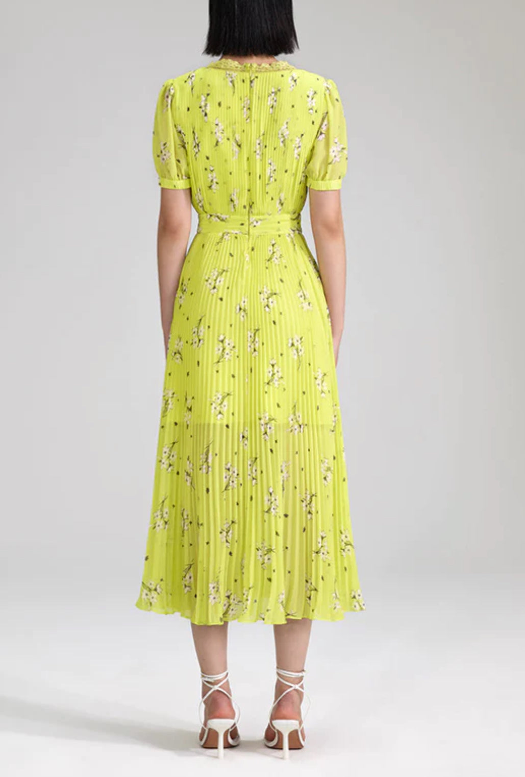 Self-Portrait Lime Floral Chiffon Midi Dress