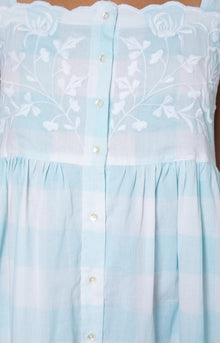 Juliet Dunn Blue Gingham Tie Shoulder Dress with Embroidery