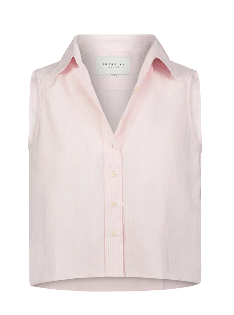 The Shirt by Rochelle Behrens The Boxy Cropped Sleeveless Shirt - Light Pink/White Stripe