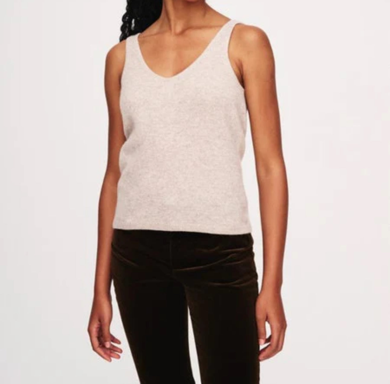 White + Warren Black Ribbed V Neck Cashmere Tank - Sandwisp Heather