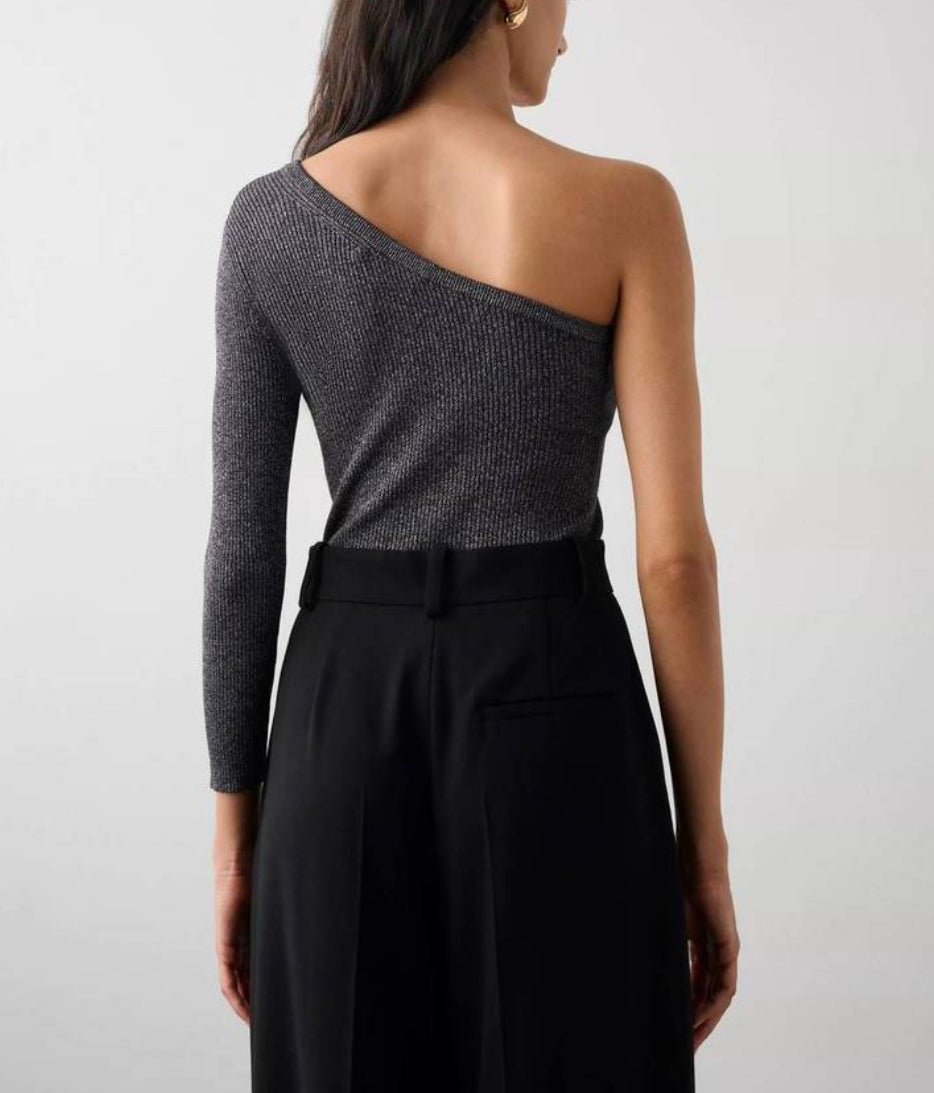 White + Warren Lurex Shine One Shoulder Top - Black