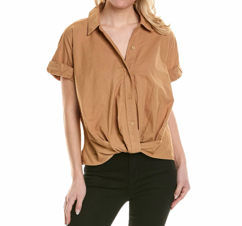 Stateside Voile Short Sleeve Front Twist Button Up Shirt - Almond