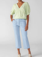 Sanctuary V-Neck Poplin Top - Green Energy /White Stripe