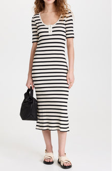 GANNI Striped Rib Knit Midi Dress - Black/White